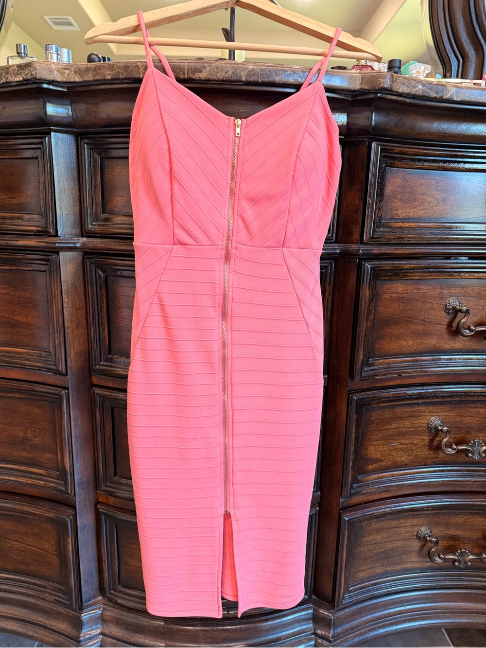 Charlotte Russe Coral-Pink Spaghetti Strap Midi Bodycon Dress with Front Zip
